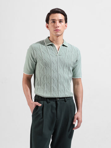 Men's Green Slim Fit Textured Flat Knit Polo Neck T-Shirt