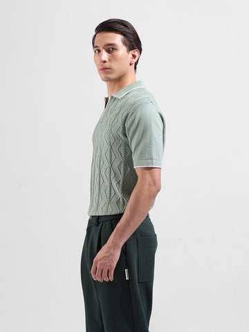 Men's Green Slim Fit Textured Flat Knit Polo Neck T-Shirt
