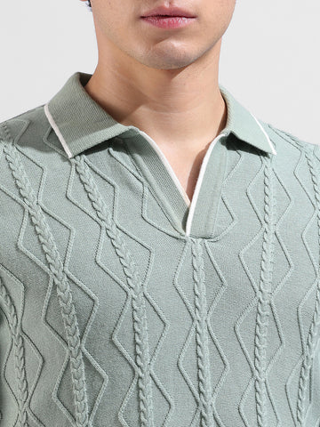 Men's Green Slim Fit Textured Flat Knit Polo Neck T-Shirt