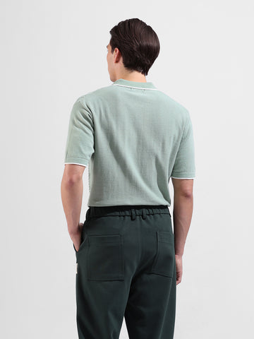 Men's Green Slim Fit Textured Flat Knit Polo Neck T-Shirt