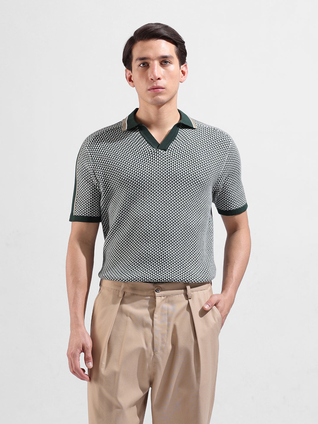 Men's Teal Slim Fit Textured Flat Knit Polo Neck T-Shirt