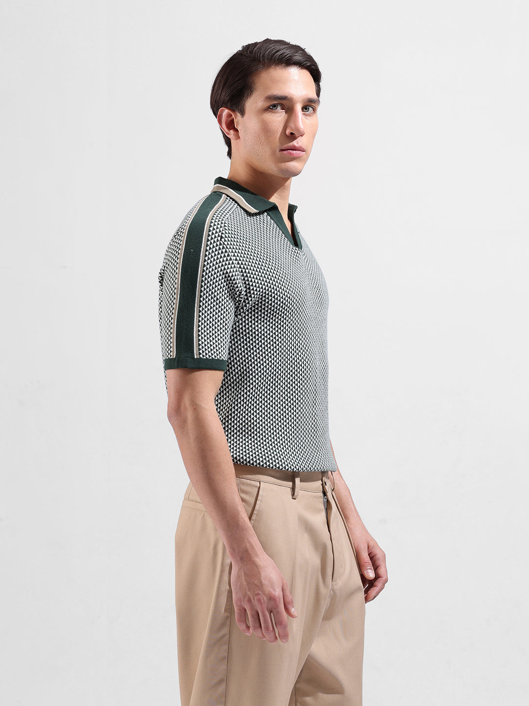 Men's Teal Slim Fit Textured Flat Knit Polo Neck T-Shirt
