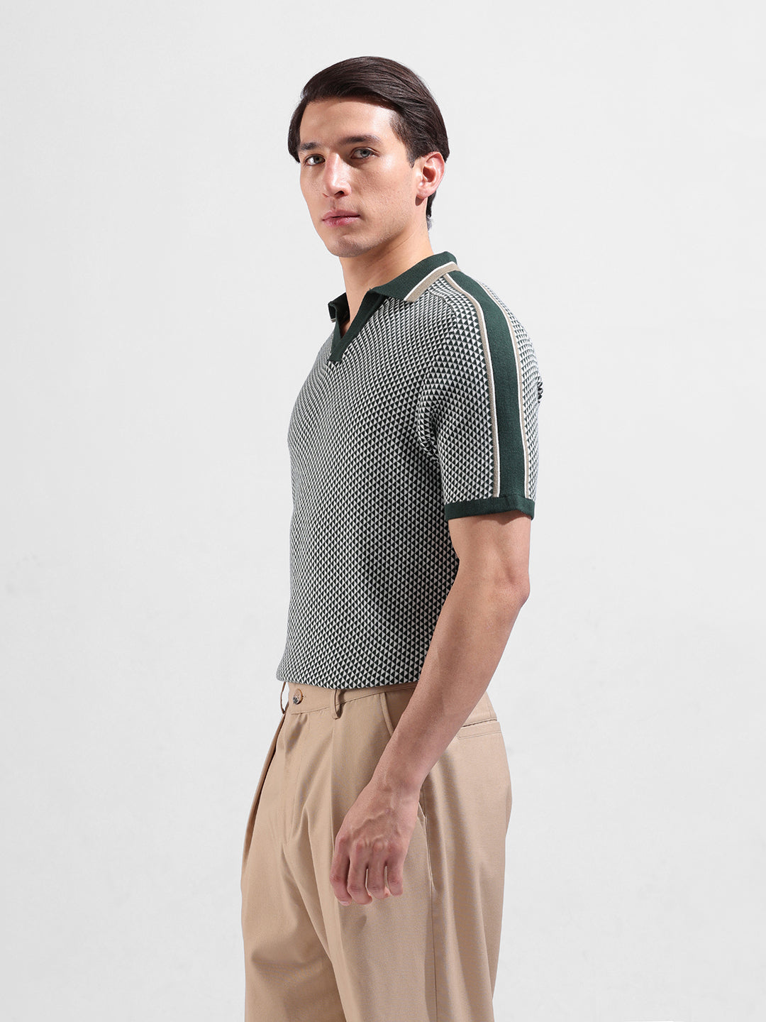 Men's Teal Slim Fit Textured Flat Knit Polo Neck T-Shirt