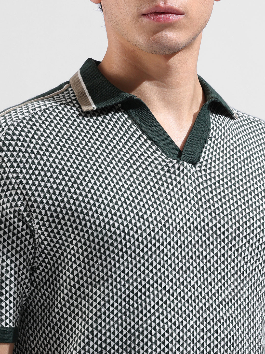 Men's Teal Slim Fit Textured Flat Knit Polo Neck T-Shirt