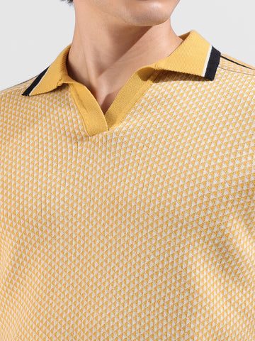 Men's Yellow Slim Fit Textured Flat Knit Polo Neck T-Shirt