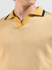 Men's Yellow Slim Fit Textured Flat Knit Polo Neck T-Shirt