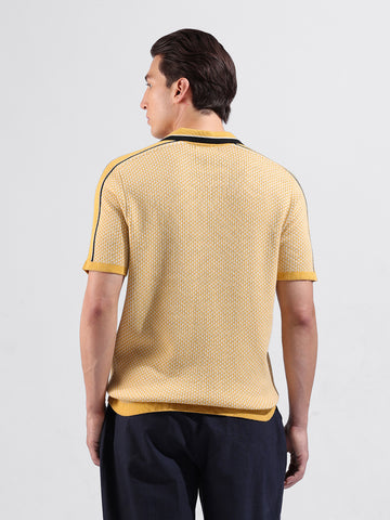 Men's Yellow Slim Fit Textured Flat Knit Polo Neck T-Shirt