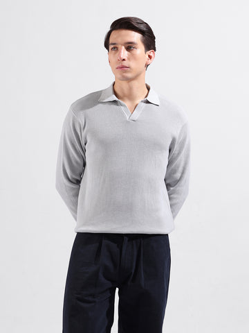 Men's Grey Slim Fit Textured Flat Knit Polo Collar T-Shirt