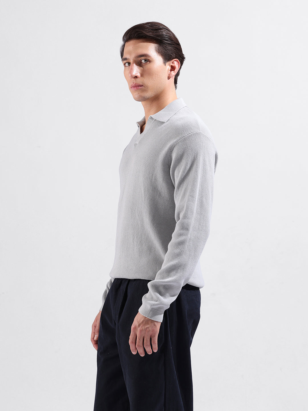 Men's Grey Slim Fit Textured Flat Knit Polo Collar T-Shirt