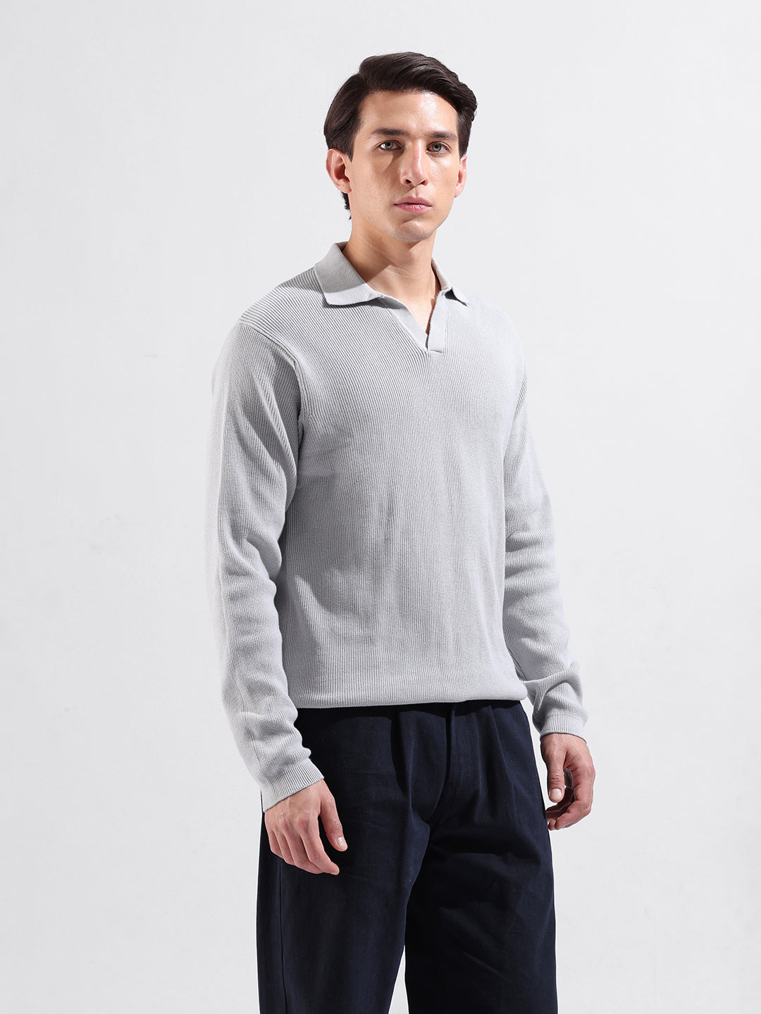 Men's Grey Slim Fit Textured Flat Knit Polo Collar T-Shirt