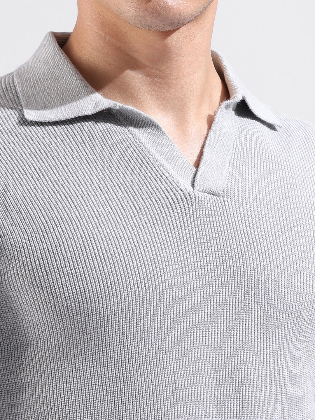 Men's Grey Slim Fit Textured Flat Knit Polo Collar T-Shirt