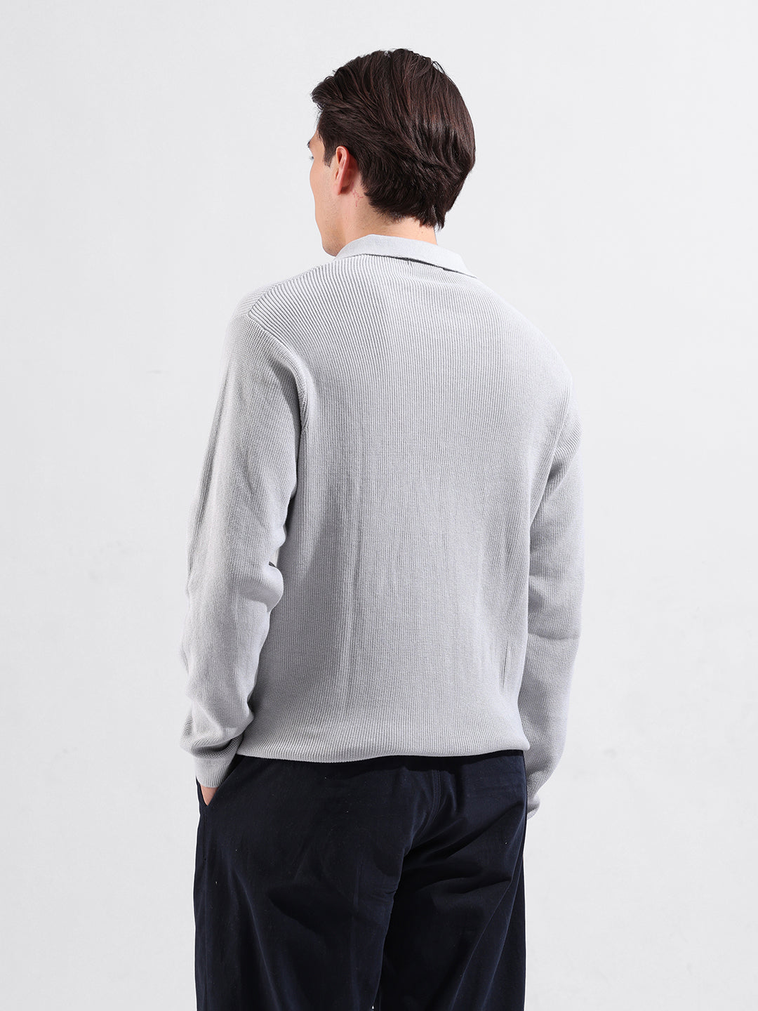 Men's Grey Slim Fit Textured Flat Knit Polo Collar T-Shirt