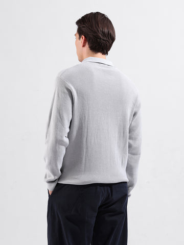 Men's Grey Slim Fit Textured Flat Knit Polo Collar T-Shirt