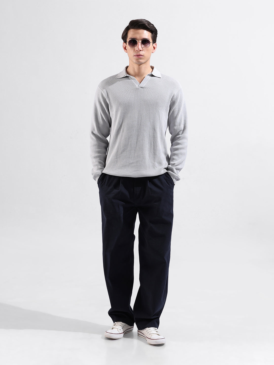 Men's Grey Slim Fit Textured Flat Knit Polo Collar T-Shirt