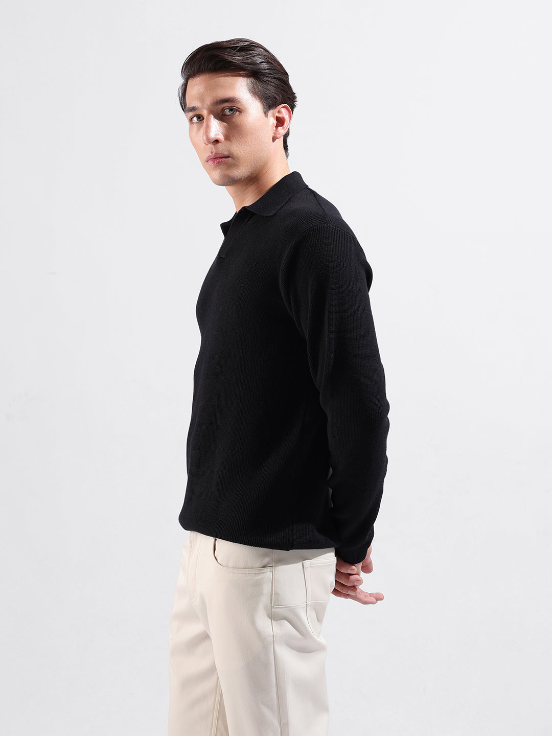 Men's Black Slim Fit Textured Flat Knit Polo Neck T-Shirt