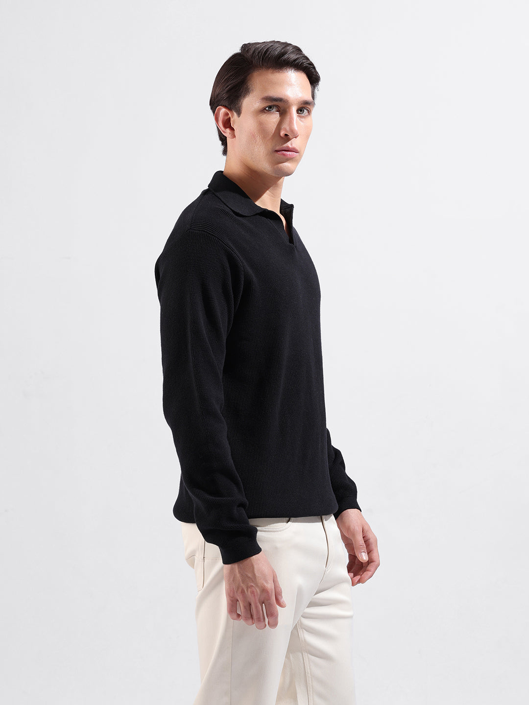 Men's Black Slim Fit Textured Flat Knit Polo Neck T-Shirt