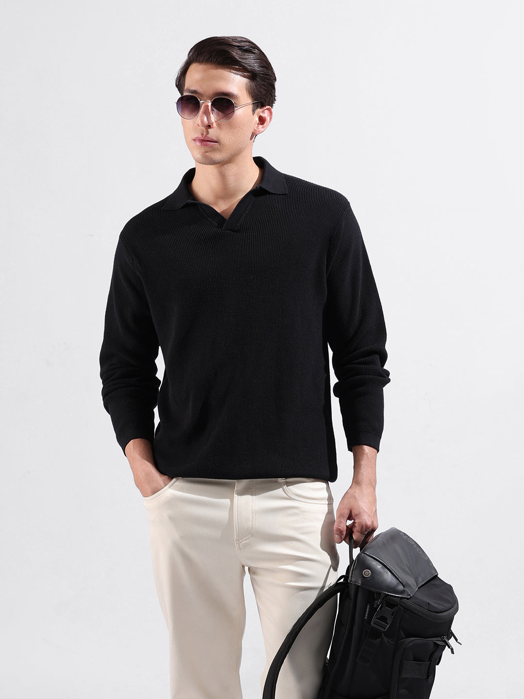 Men's Black Slim Fit Textured Flat Knit Polo Neck T-Shirt