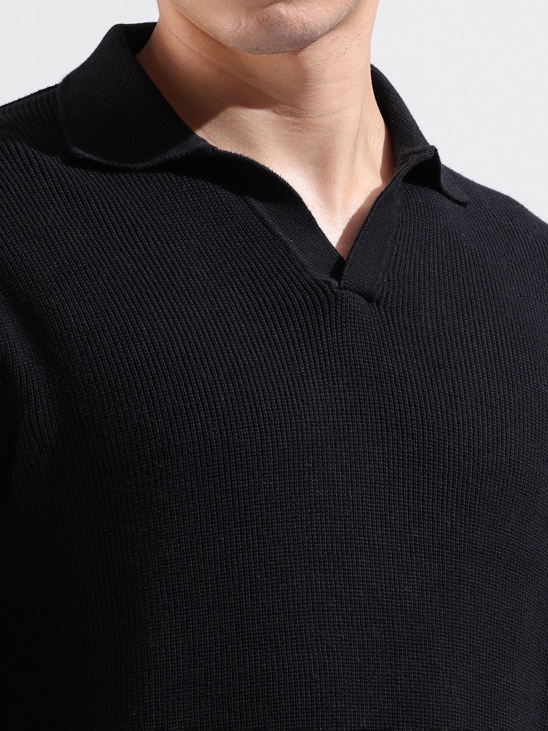Men's Black Slim Fit Textured Flat Knit Polo Neck T-Shirt