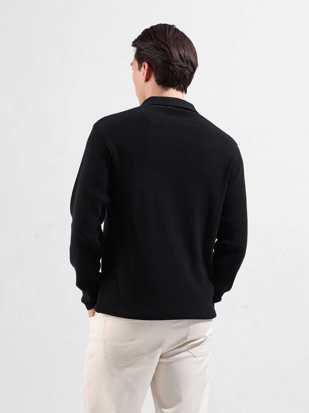 Men's Black Slim Fit Textured Flat Knit Polo Neck T-Shirt