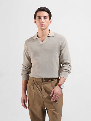 Men's Beige Slim Fit Textured Flat Knit Polo Neck T-Shirt