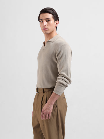 Men's Beige Slim Fit Textured Flat Knit Polo Neck T-Shirt