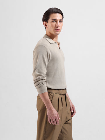 Men's Beige Slim Fit Textured Flat Knit Polo Neck T-Shirt
