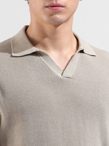 Men's Beige Slim Fit Textured Flat Knit Polo Neck T-Shirt