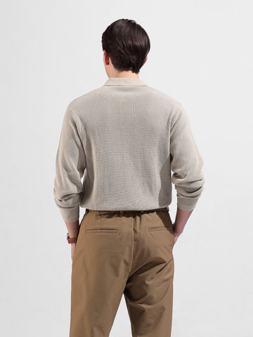 Men's Beige Slim Fit Textured Flat Knit Polo Neck T-Shirt
