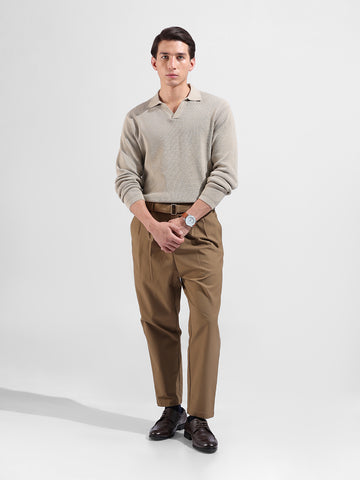 Men's Beige Slim Fit Textured Flat Knit Polo Neck T-Shirt