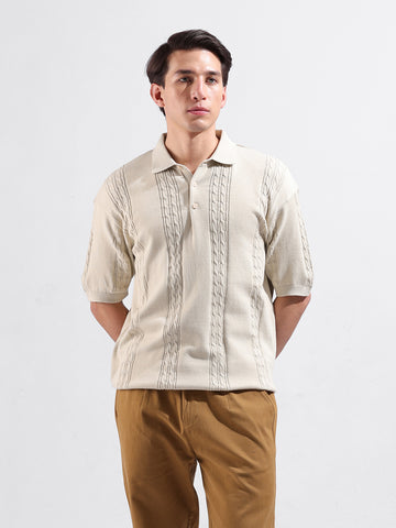 Men's Cream Oversized Fit Textured Flat Knit Polo Collar T-Shirt