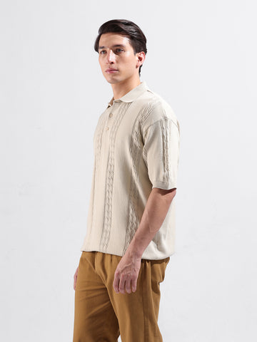 Men's Cream Oversized Fit Textured Flat Knit Polo Collar T-Shirt