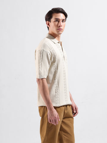 Men's Cream Oversized Fit Textured Flat Knit Polo Collar T-Shirt