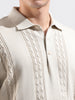 Men's Cream Oversized Fit Textured Flat Knit Polo Collar T-Shirt
