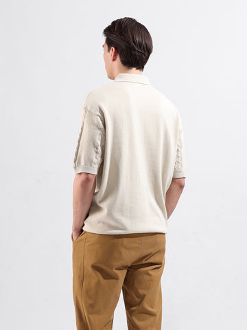 Men's Cream Oversized Fit Textured Flat Knit Polo Collar T-Shirt