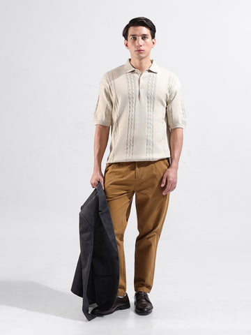 Men's Cream Oversized Fit Textured Flat Knit Polo Collar T-Shirt