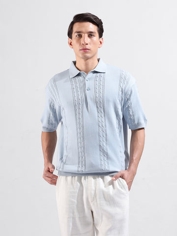 Men's Blue Oversized Fit Textured Flat Knit Polo Collar T-Shirt