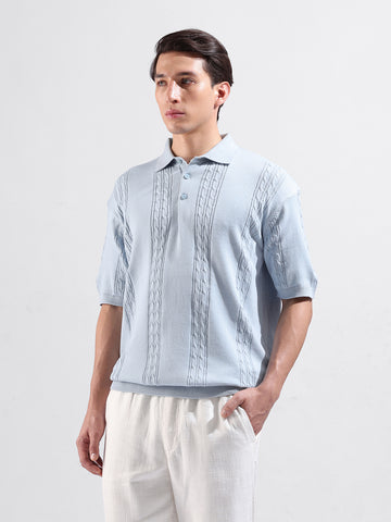 Men's Blue Oversized Fit Textured Flat Knit Polo Collar T-Shirt