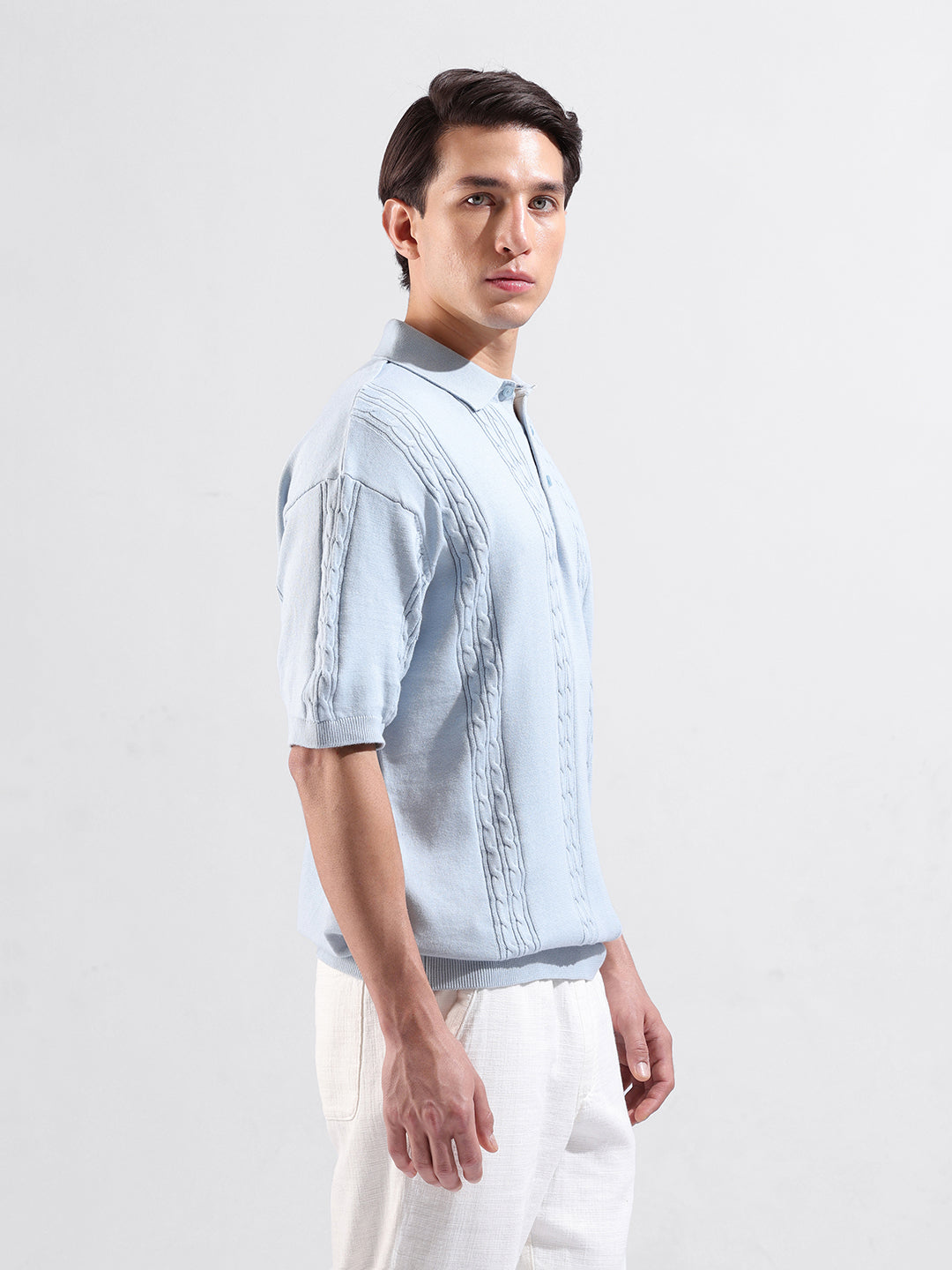 Men's Blue Oversized Fit Textured Flat Knit Polo Collar T-Shirt