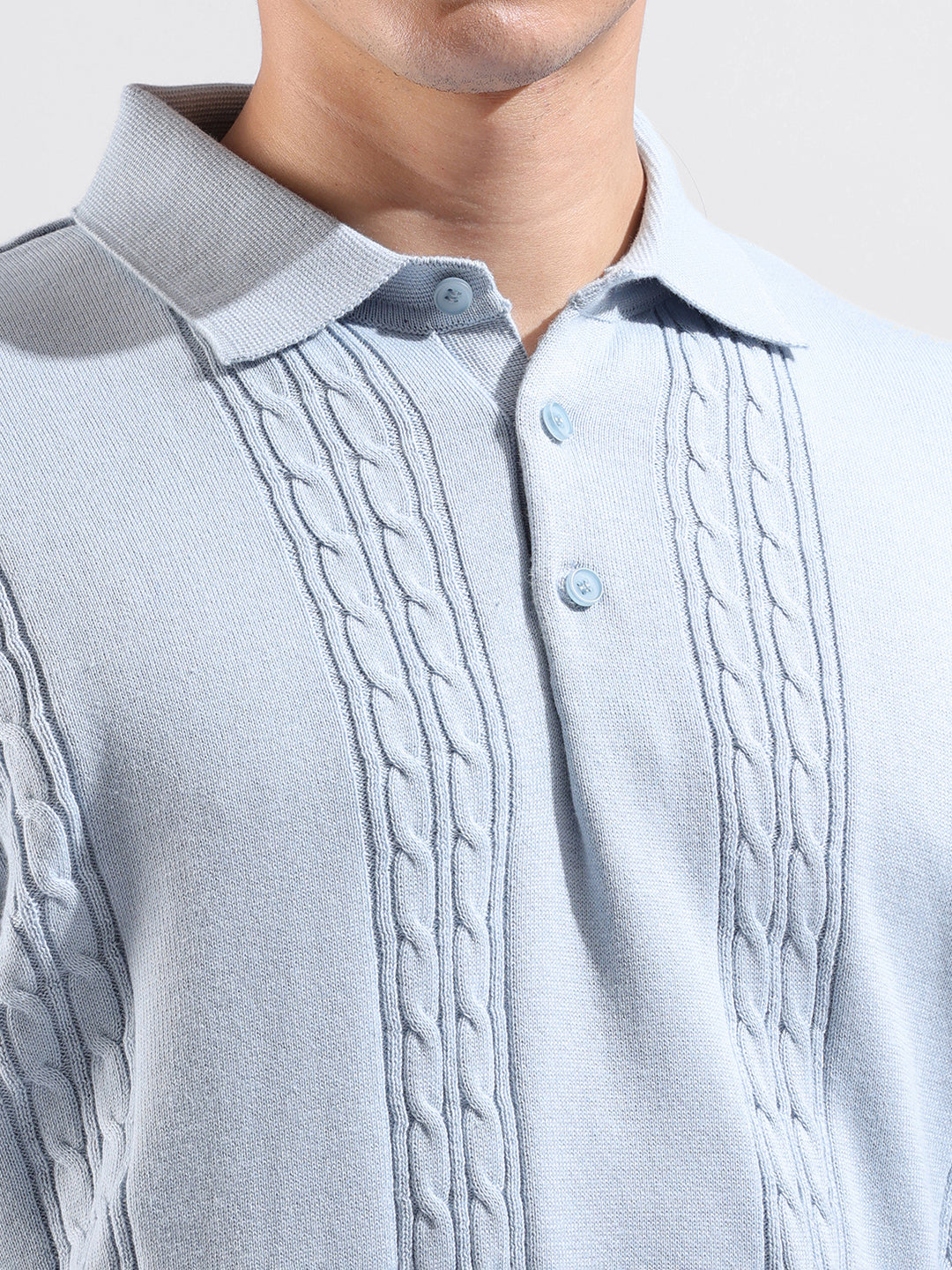 Men's Blue Oversized Fit Textured Flat Knit Polo Collar T-Shirt