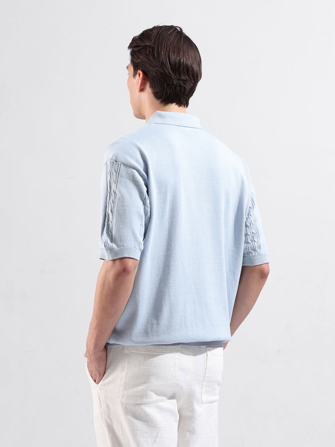 Men's Blue Oversized Fit Textured Flat Knit Polo Collar T-Shirt