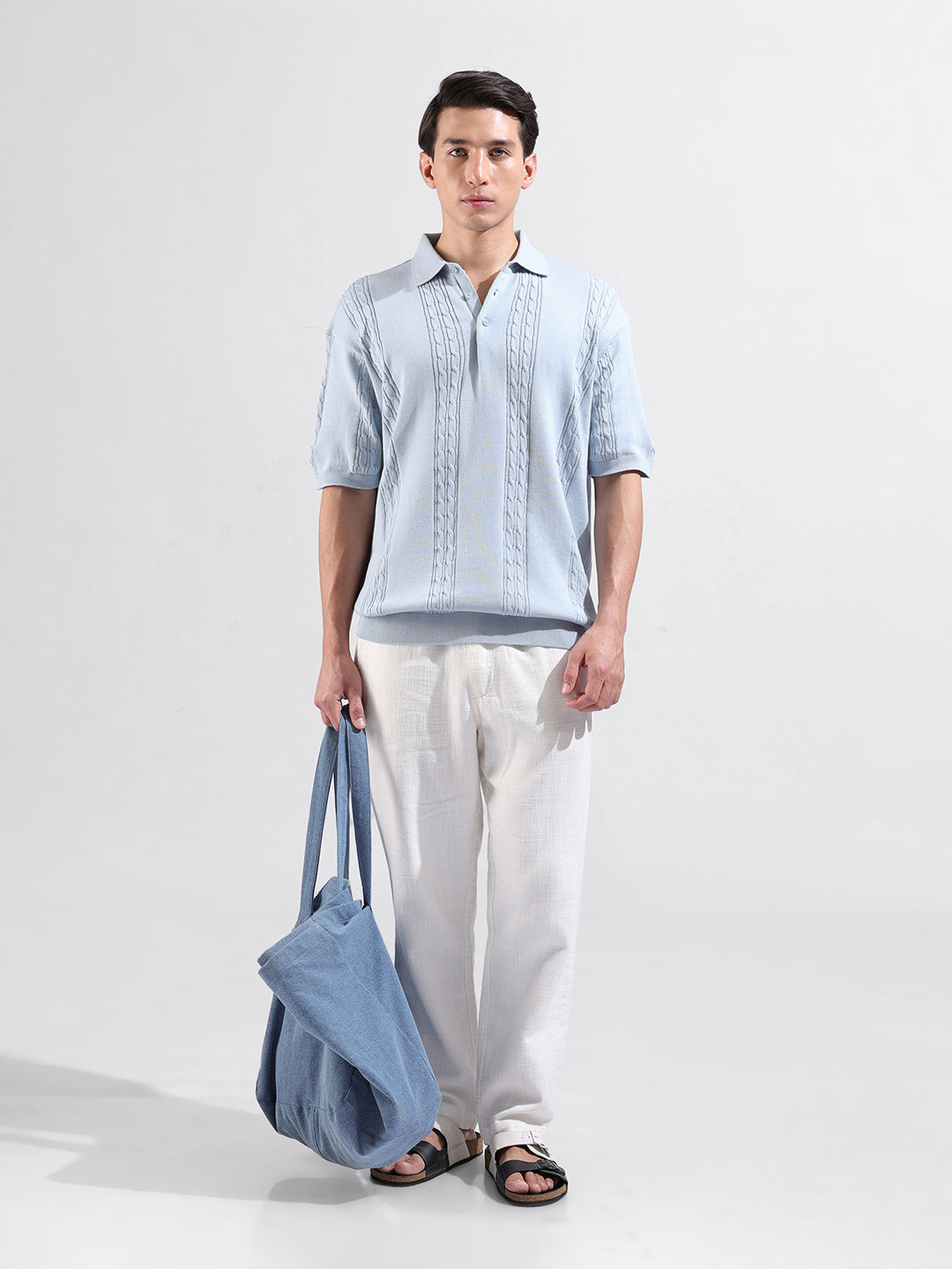 Men's Blue Oversized Fit Textured Flat Knit Polo Collar T-Shirt