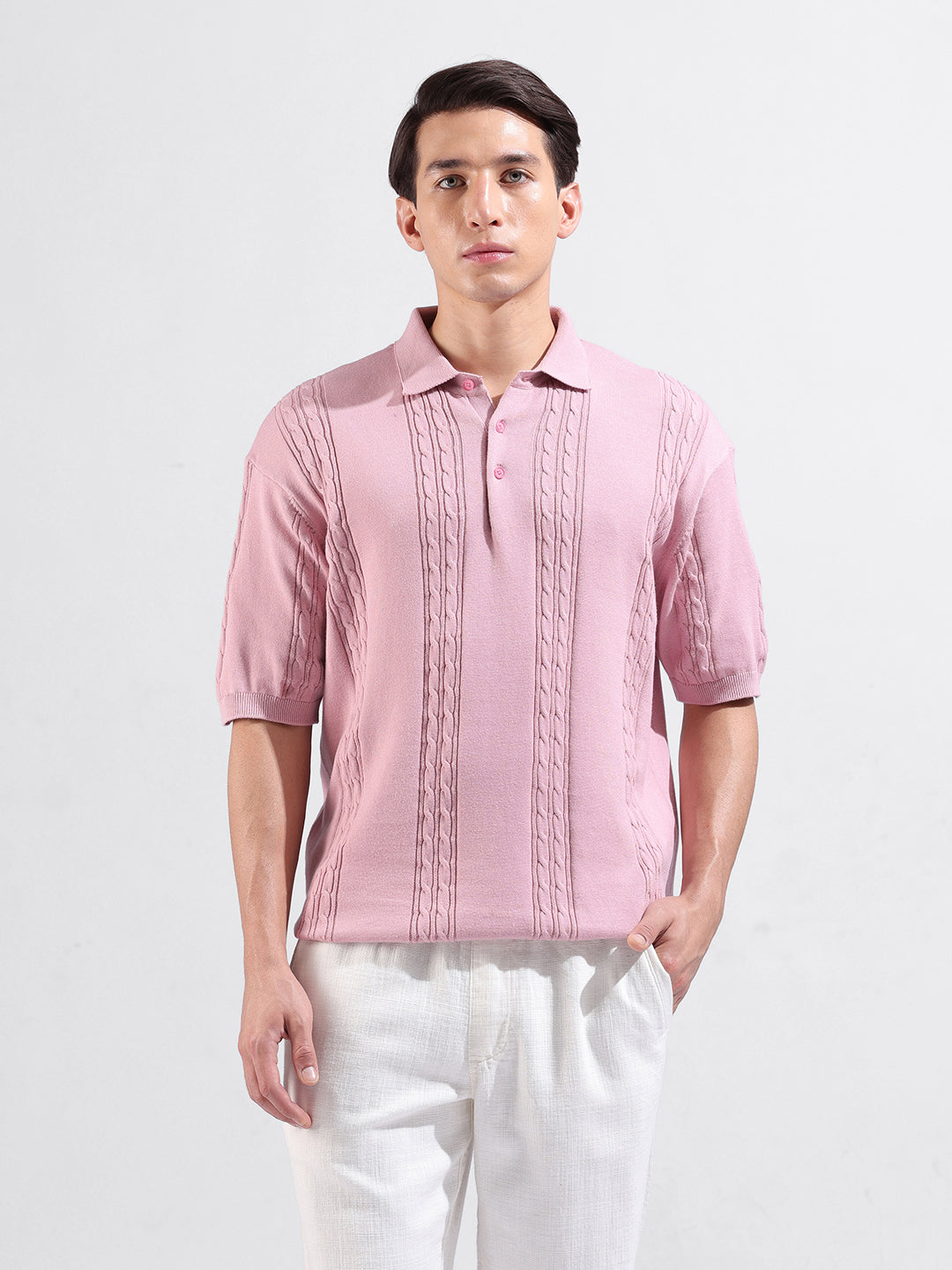 Men's Pink Oversized Fit Textured Flat Knit Polo Collar T-Shirt