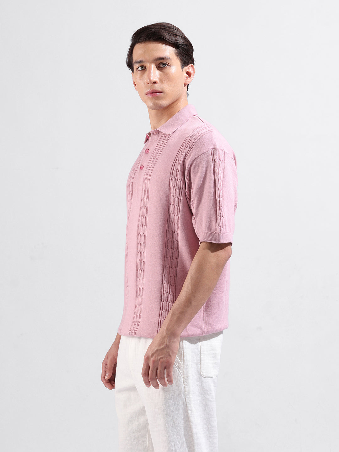 Men's Pink Oversized Fit Textured Flat Knit Polo Collar T-Shirt