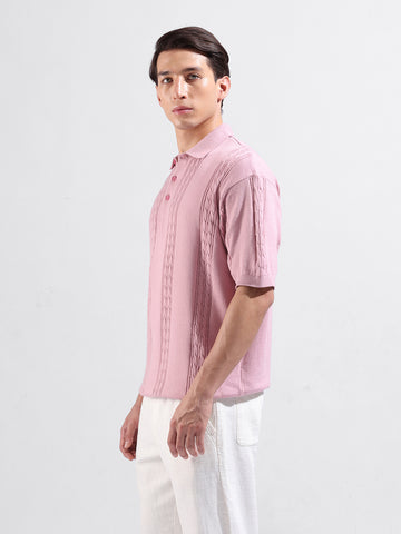 Men's Pink Oversized Fit Textured Flat Knit Polo Collar T-Shirt