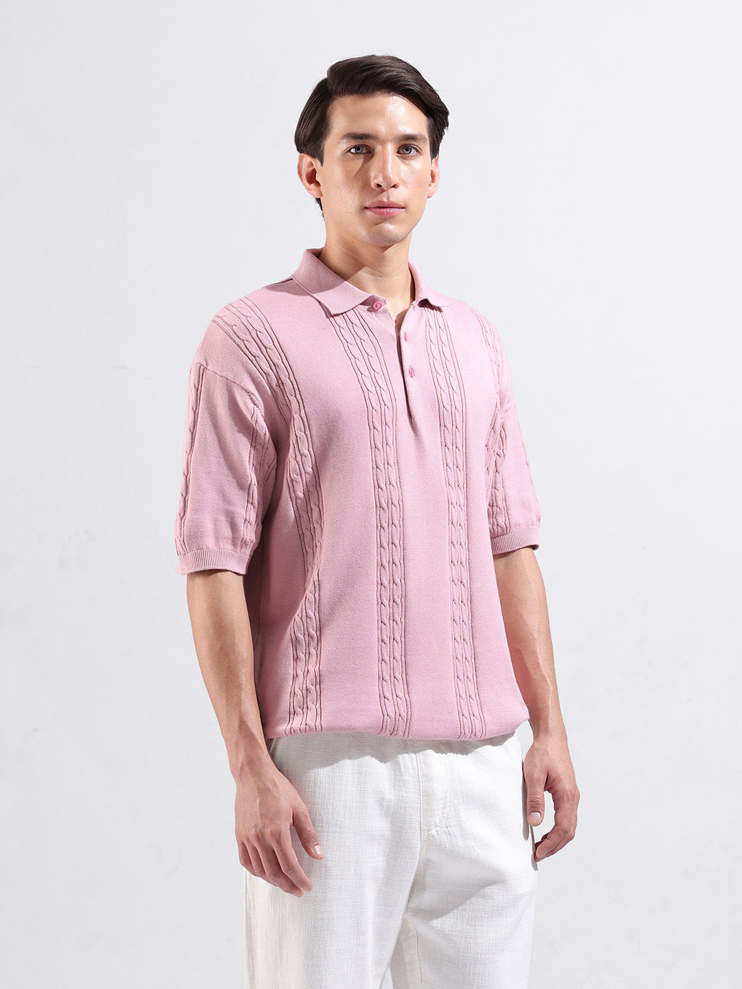 Men's Pink Oversized Fit Textured Flat Knit Polo Collar T-Shirt