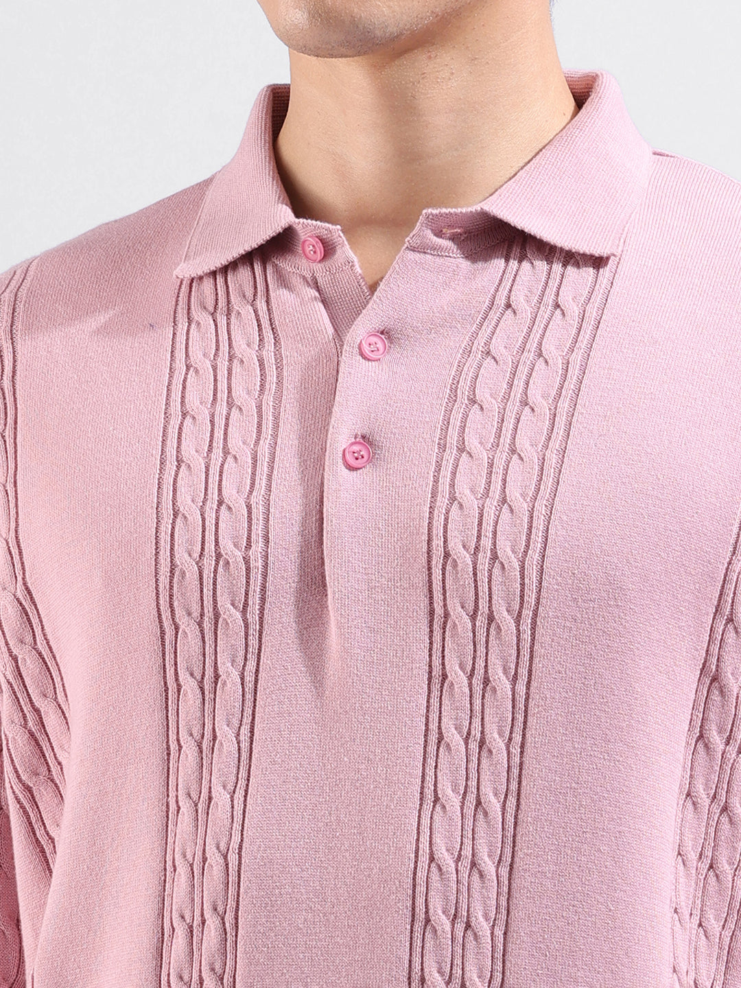 Men's Pink Oversized Fit Textured Flat Knit Polo Collar T-Shirt