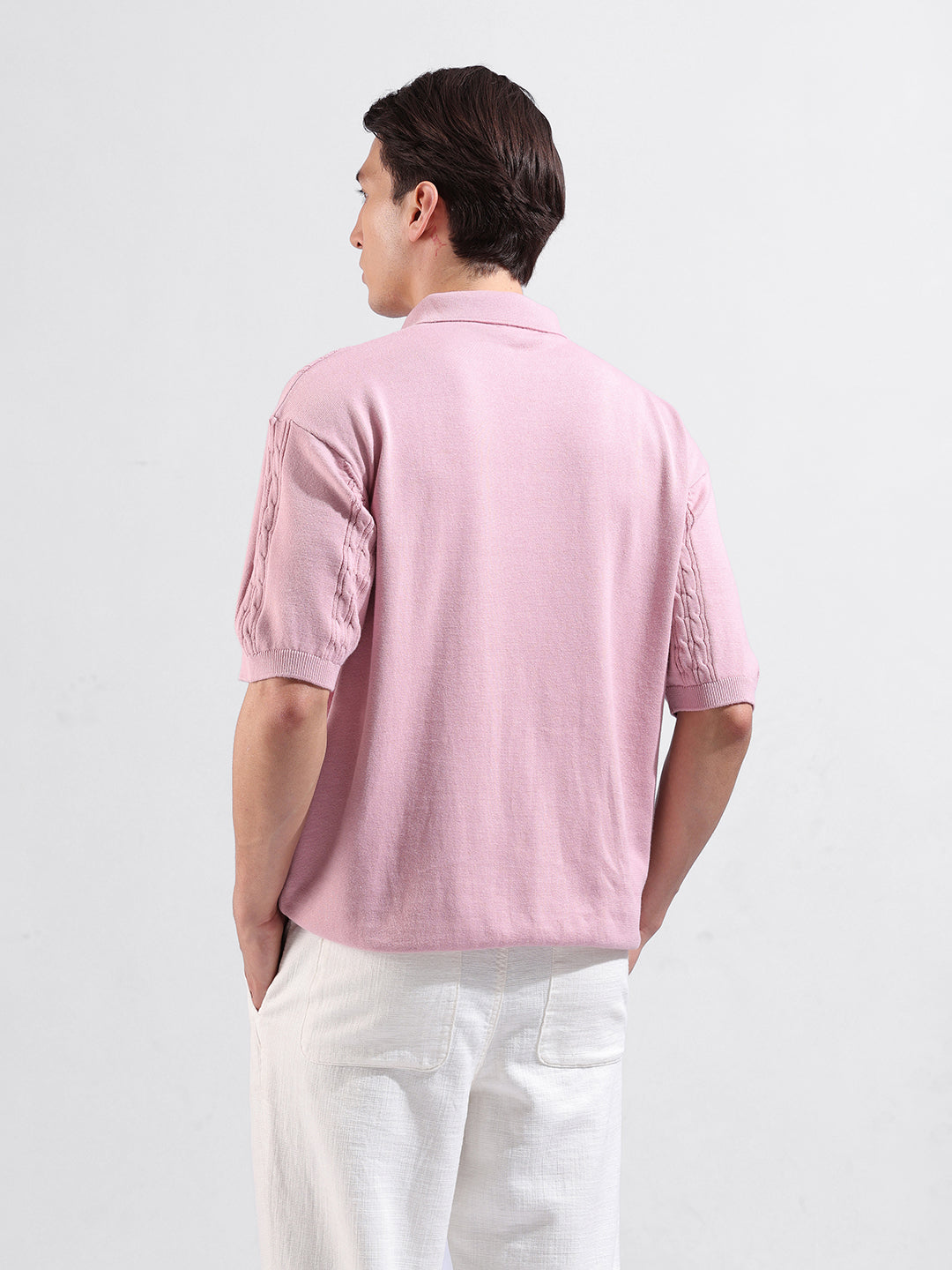 Men's Pink Oversized Fit Textured Flat Knit Polo Collar T-Shirt