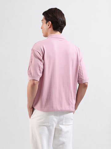 Men's Pink Oversized Fit Textured Flat Knit Polo Collar T-Shirt