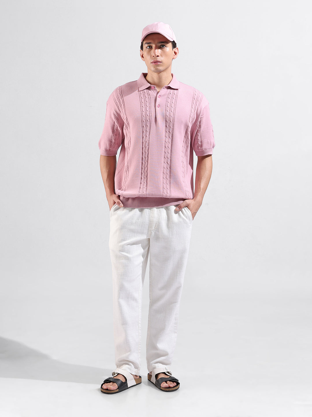 Men's Pink Oversized Fit Textured Flat Knit Polo Collar T-Shirt