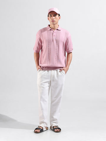 Men's Pink Oversized Fit Textured Flat Knit Polo Collar T-Shirt